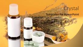  Presentation with homeopathy - Slide set with bottles of medicines and herbs on orange background concept of homeopathy background and a gold colored foreground