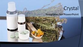 Presentation with herbs blue - Beautiful presentation theme featuring bottles of medicines and herbs on blue background concept of homeopathy backdrop and a light blue colored foreground