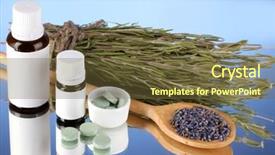  Presentation with herbs blue - Cool new theme with bottles of medicines and herbs on blue background concept of homeopathy backdrop and a tawny brown colored foreground