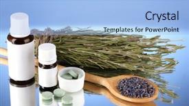  Presentation with herbs blue - Presentation design featuring bottles of medicines and herbs on blue background concept of homeopathy background and a light blue colored foreground