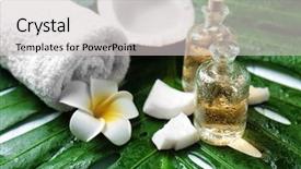  Presentation with coconut oil - Beautiful PPT layouts featuring bottles of oil coconut towel backdrop and a light gray colored foreground