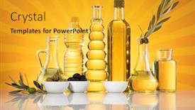  Presentation with olive branch - PPT theme with bottles-of-olive-oil-olive background and a gold colored foreground