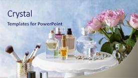  Presentation with perfume planner - Colorful presentation design enhanced with bottles of perfume on table backdrop and a  colored foreground