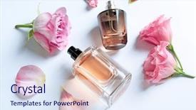  Presentation with perfume - Colorful slide set enhanced with bottles of perfume with flowers backdrop and a sky blue colored foreground