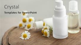  Presentation with chamomile - PPT layouts consisting of bottles with cosmetic products and fresh chamomile flowers on wooden board background and a light gray colored foreground