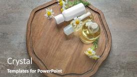  Presentation with chamomile - Presentation design with bottles with cosmetic products and fresh chamomile flowers on wooden board background and a violet colored foreground