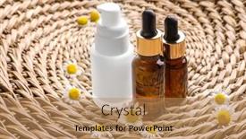 Presentation with chamomile - Colorful presentation enhanced with bottles with cosmetic products and fresh chamomile flowers on wicker background backdrop and a coral colored foreground