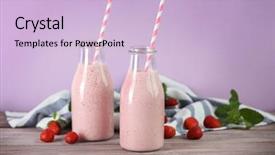  Presentation with milkshake - PPT theme featuring bottles with delicious strawberry milkshake napkin and berries on table and pink background background and a lemonade colored foreground