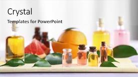  Presentation with essential oil - Presentation theme enhanced with bottles with essential oil fruits background and a white colored foreground