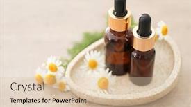  Presentation with chamomile - Presentation design with bottles with essential oil and fresh chamomile flowers on stone coaster background and a lemonade colored foreground