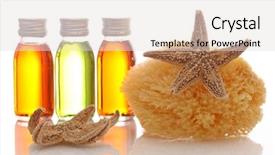  Presentation with oils - PPT theme featuring bottles with essential oils and sponge isolated on white background background and a light gray colored foreground