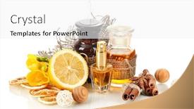  Presentation with perfume - Audience pleasing slide set consisting of bottles with ingredients for the perfume isolated on white backdrop and a white colored foreground