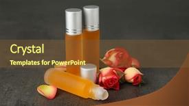  Presentation with perfume analysis - Colorful PPT theme enhanced with bottles with perfume and rosebuds backdrop and a tawny brown colored foreground