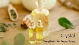  Presentation with bottles - Slide deck featuring bottles with tea oil background and a yellow colored foreground