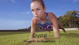  Presentation with sport blue - Colorful PPT theme enhanced with bottom front view of pony tailed pretty blonde woman wearing colourful bikini doing plank position on a green grass rooftop over blue sky sport and healthy lifestyle concept backdrop and a tawny brown colored foreground
