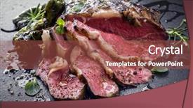  Presentation with wagyu - Slides having bottom up - barbecue aged wagyu tagliata di background and a red colored foreground