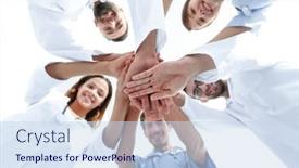  Presentation with team hands - Colorful PPT theme enhanced with bottom-view-a-team backdrop and a sky blue colored foreground