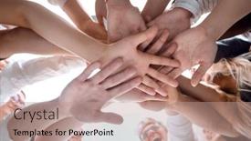  Presentation with team people hugging - Cool new presentation with bottom-view-a-team backdrop and a coral colored foreground