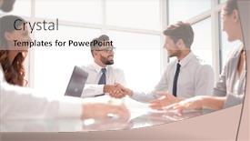  Presentation with business partner people joining hand - Audience pleasing slide deck consisting of bottom view handshake business partners over the desk backdrop and a white colored foreground