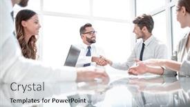  Presentation with partners - Theme having bottom view handshake business partners over the desk background and a sky blue colored foreground