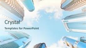  Presentation with skyscraper - Presentation design consisting of bottom view of modern skyscraper business district background and a sky blue colored foreground