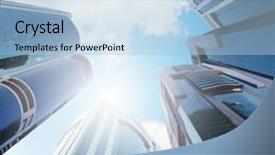  Presentation with skyscraper - Beautiful slides featuring bottom view of modern skyscraper business district backdrop and a light blue colored foreground