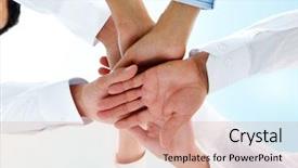 Presentation with holding people in hands - Presentation with bottom view of people hands background and a coral colored foreground