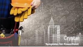  Presentation with woman engineer - Beautiful presentation design featuring bottom view of woman engineer with tool belt on waist backdrop and a gray colored foreground