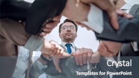  Presentation with team - Slide deck featuring bottom view single business team background and a  colored foreground