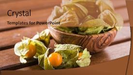  Presentation with dark vintage wood table texture - Cool new PPT theme with bouffant cap - physalis peruviana fruit on wooden backdrop and a coral colored foreground