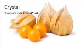  Presentation with ripe golden potato on white - Theme consisting of bouffant cap - ripe physalis isolated on white background and a  colored foreground