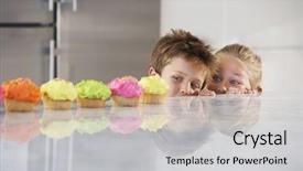  Presentation with cupcakes - Amazing PPT theme having bouffant cap - young girl and boy peeking backdrop and a light gray colored foreground