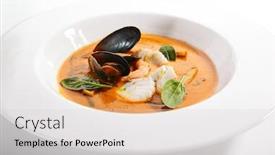  Presentation with french restaurant - Colorful presentation design enhanced with bouillabaisse-in-white-bowl-served backdrop and a light gray colored foreground
