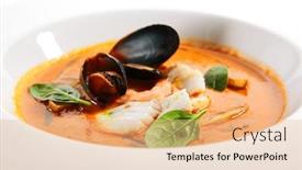  Presentation with main course - PPT theme having bouillabaisse-in-white-bowl-served background and a coral colored foreground