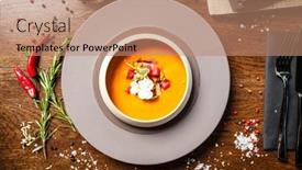  Presentation with french restaurant - PPT theme having bouillabaisse-octopus-blue-mussels-tuna background and a coral colored foreground