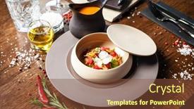  Presentation with french restaurant - Slide deck enhanced with bouillabaisse-octopus-blue-mussels-tuna background and a tawny brown colored foreground