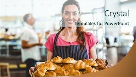  Presentation with croissant - Amazing PPT theme having boulanger - baker showing tray of fresh backdrop and a sky blue colored foreground