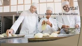  Presentation with baker kneading dough homemade bread - Audience pleasing PPT theme consisting of boulanger - concentrated colleagues kneading uncooked dough backdrop and a soft green colored foreground