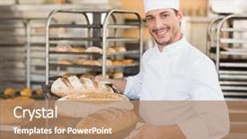  Presentation with bread - Beautiful PPT layouts featuring boulanger - smiling baker holding tray backdrop and a coral colored foreground