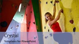  Presentation with indoor rock climbing - Theme with boulder - young active woman bouldering background and a light blue colored foreground
