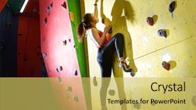  Presentation with indoor rock climbing - Slides having boulder - young active woman bouldering background and a yellow colored foreground