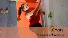  Presentation with indoor rock climbing - PPT theme with boulder - young active woman bouldering background and a  colored foreground