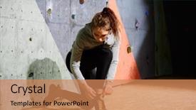  Presentation with rock climbing indoor - PPT layouts having boulder - young active woman preparing background and a coral colored foreground