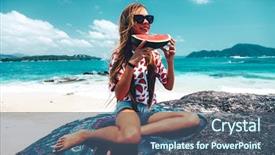  Presentation with tropical fruit - Beautiful presentation design featuring pre teen girl eating watermelon on the tropical beach in summer sunny day holidays on the island and fruit diet backdrop and a ocean colored foreground
