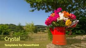  Presentation with enamel - Presentation consisting of bouquet garden flowers in red enamel tea pot background and a tawny brown colored foreground