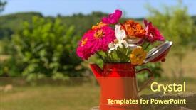  Presentation with enamel - Colorful slides enhanced with bouquet garden flowers in red enamel tea pot backdrop and a tawny brown colored foreground