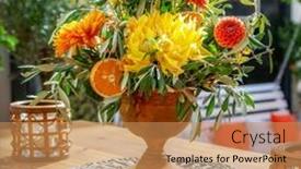  Presentation with wooden - PPT layouts enhanced with bouquet-in-vase-on-wooden background and a coral colored foreground