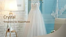  Presentation with wedding ring - Presentation theme consisting of bouquet lamp - beautiful wedding dress on hanger background and a soft green colored foreground