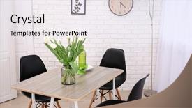  Presentation with dining - Audience pleasing theme consisting of bouquet lamp - dining table in home interior backdrop and a sky blue colored foreground