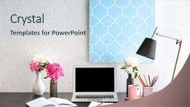  Presentation with workplace - Beautiful slide deck featuring bouquet lamp - workplace with laptop and beautiful backdrop and a sky blue colored foreground